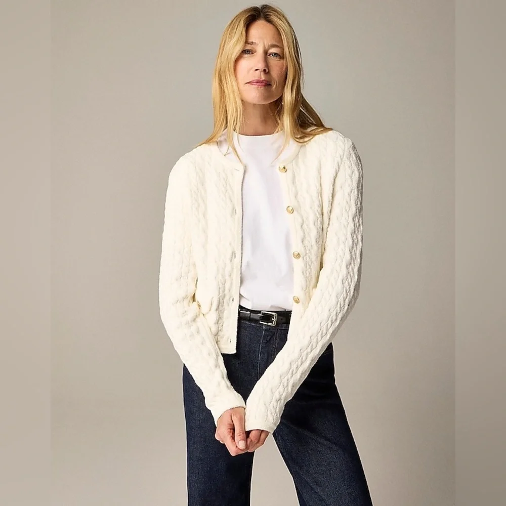 J.Crew Odette cable-knit sweater lady jacket in cotton-blend bouclé size L NWT